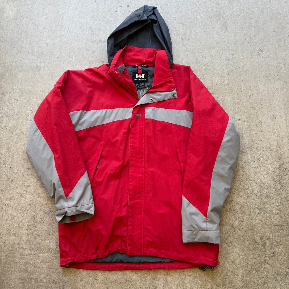 Men's Helly Hansen Red Gray Hooded Zip Up Parka Shell Windbreaker Jacket Sz S